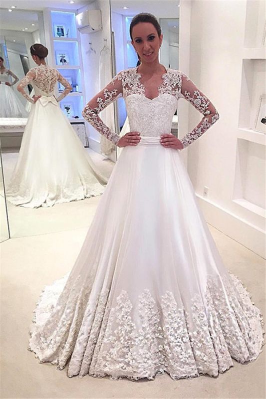 A-Line Bowknot Long Sleeve Sweep Train Newest Appliques Wedding Dresses  Online