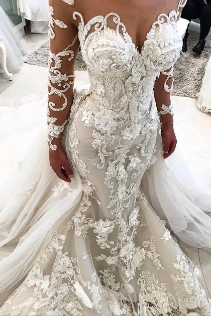 Vestidos de boda de la sirena de los apliques hermosos del cordón de la nueva llegada elegante | Vestidos de novia baratos en línea de manga larga BA9786