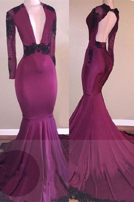 Burgundy LaceProm Dresses  | Mermaid V-Neck Black Lace Evening Gowns BA7833