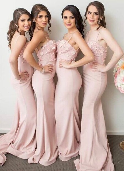Spaghettis-Straps Mermaid 3D-Floral-Appliques Pink Bridesmaid Dresses