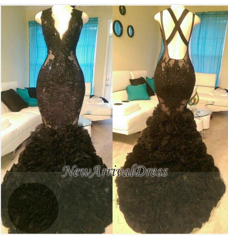 Open Back V-Neck Tulle Mermaid Evening Gowns | Appliques Glamorous Black Prom Dresses