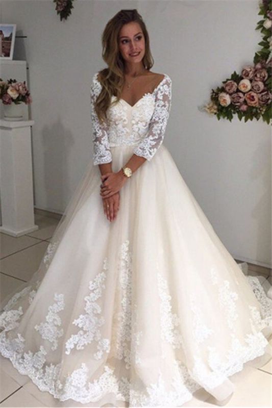 Ivory Backless Long Tulle Appliques New Arrival A-line Lace Sleeves Wedding Dresses