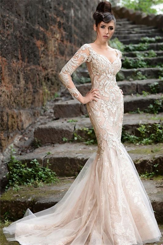 V-neck Long Sleeve Wedding Dresses Ivory |  Mermaid Sexy Lace Evening Dresses 2021 bc1589
