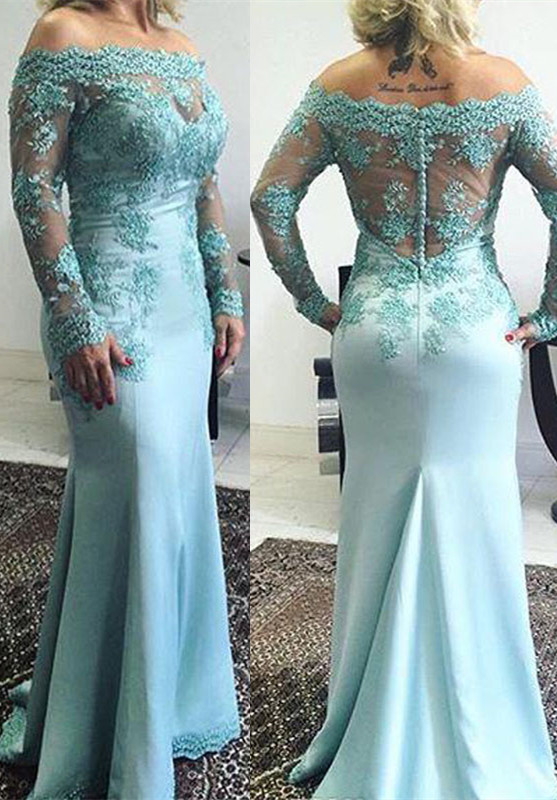 Delicate Lace Appliques Off-the-shoulder Long Sleeve Mermaid Zipper Prom Dress