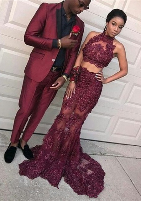 Robe de bal en dentelle licou bordeaux, robe de bal bordeaux en ligne