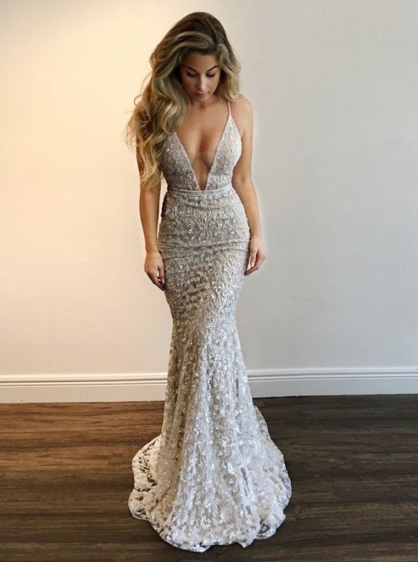 Delicate Lace Spaghetti Strap Evening Dress | Open Back Evening Gown