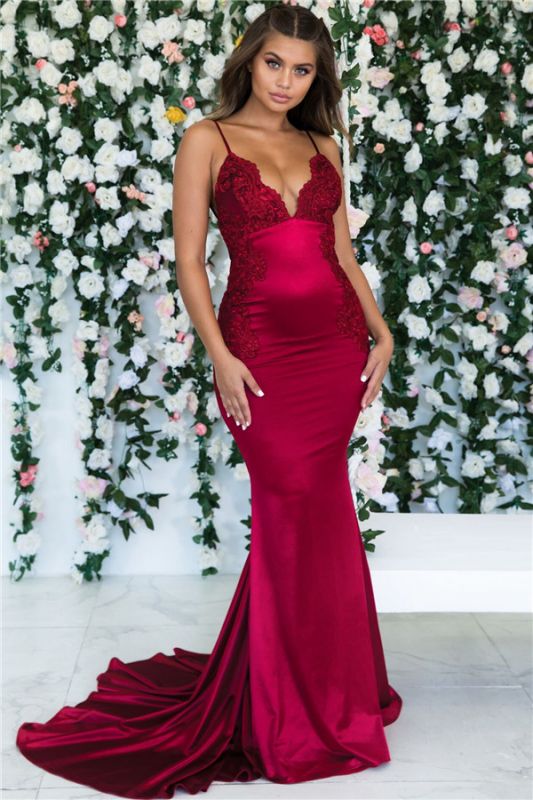 Burgundy Sleeveless Mermaid Backless Prom Dresses |   Spaghetti-Straps Lace Appliques Evening Gowns