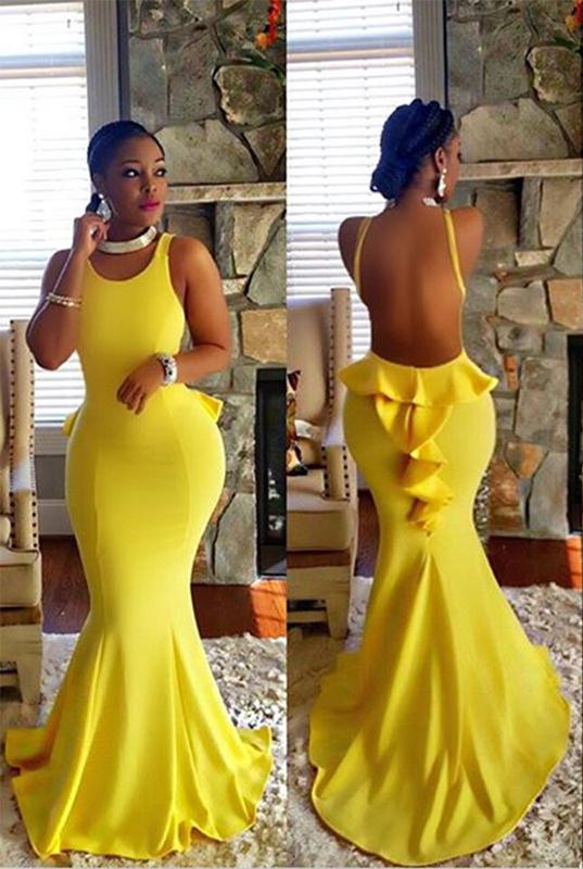 Sexy Gelbe Meerjungfrau rückenfreies ärmelloses Sweep-Zug-Abschlussballkleid | Abendkleid in Übergröße