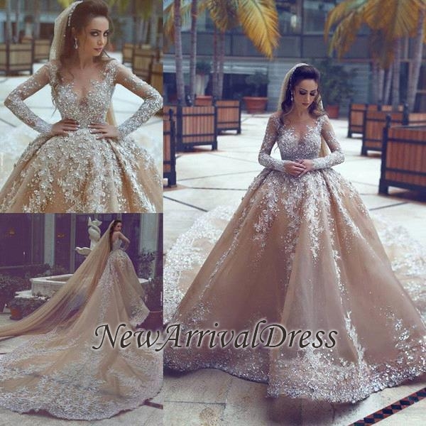 Sparkling Appliques Champagne Ball Gown Wedding Dresses |Luxurious Beads Sequins Long Sleeve Bridal Gowns
