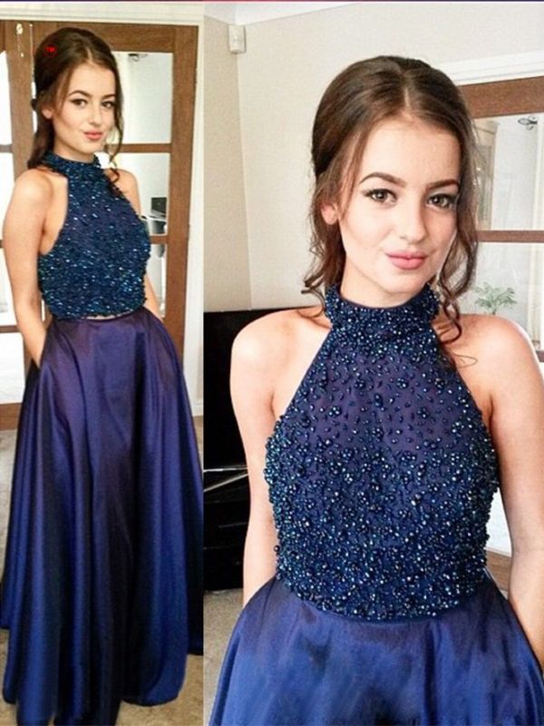 Delicate Beading High Neck Sleeveless Two Piece Prom Dress