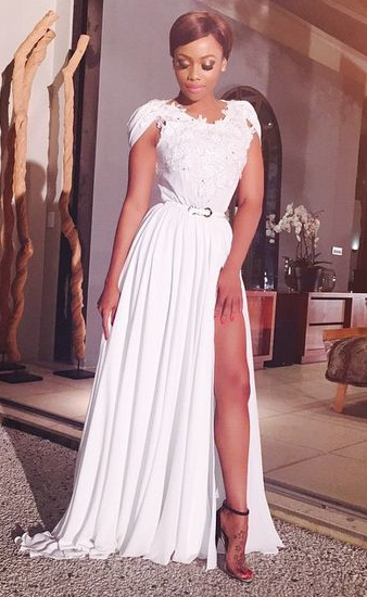 A-Line White Chiffon Long Evening Dresses Applique Side Slit Beautiful  Dress with Belt