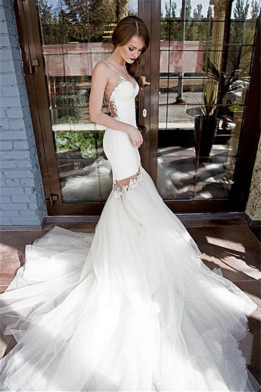 Backless Mermaid Wedding Dresses | Spaghetti Straps Appliques Bridal Dresses