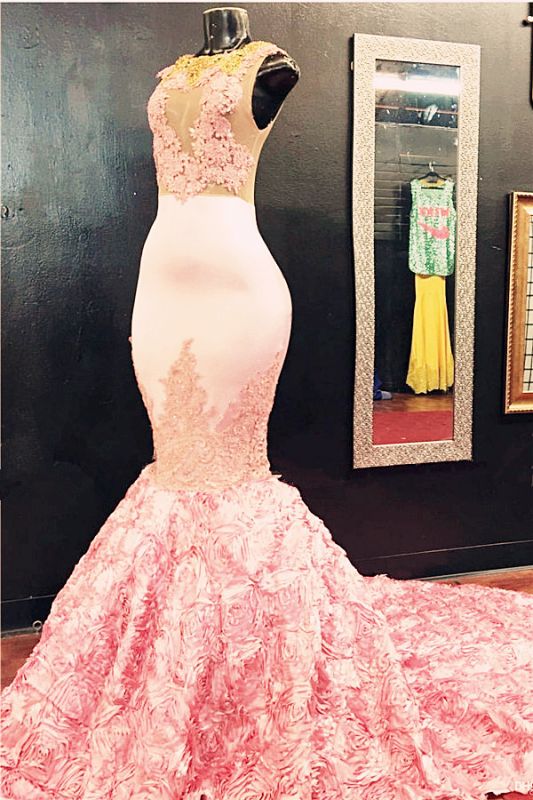 Pink Flowers-Bottom Lace Gorgeous Mermaid Sleeveless Appliques Illusion Prom Dresses