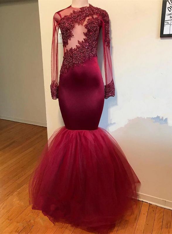 Modern Lace Appliques Long Sleeve Prom Dresses  | Mermaid Burgundy Prom Dresses