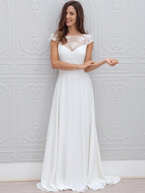 Belles simples manches courtes élégantes A-ligne balayage train dos ouvert robes de mariée blanches