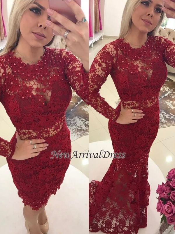 Jewel Pearls Sleeves Lace Luxury Mermaid Long Prom Dresses