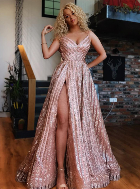 Sexy V-Neck Long Evening Dress | 2021 Sequins Prom Dress With Slit