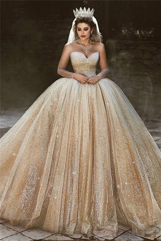 Sparkling Tulle Floor Length Wedding Dresses | Elegant Long Sleeve Bridal Dresses with Sequins