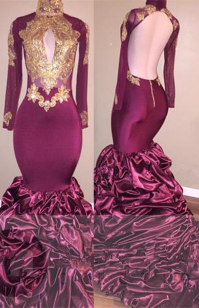 Sexy Open Back Burgundy Mermaid Prom Dresses  | Gold Appliques Ruffles Evening Gowns