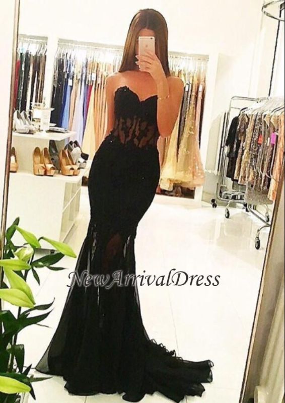 Vestidos de noche largos de sirena con apliques transparentes de tul sexy negro