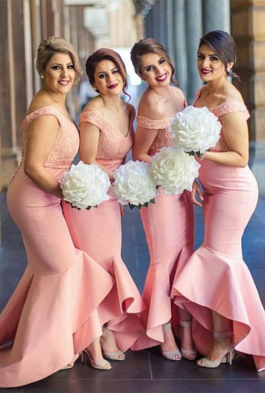 Newest Pink Off-the-shoulder Mermaid Lace Hi-Lo Bridesmaid Dress