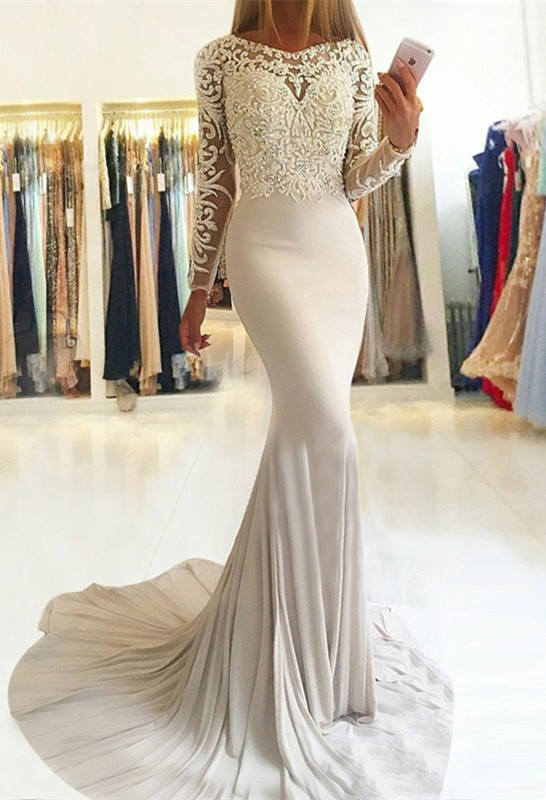 Elegant Long-Sleeve Lace Prom Dress |Mermaid Evening Party Gowns