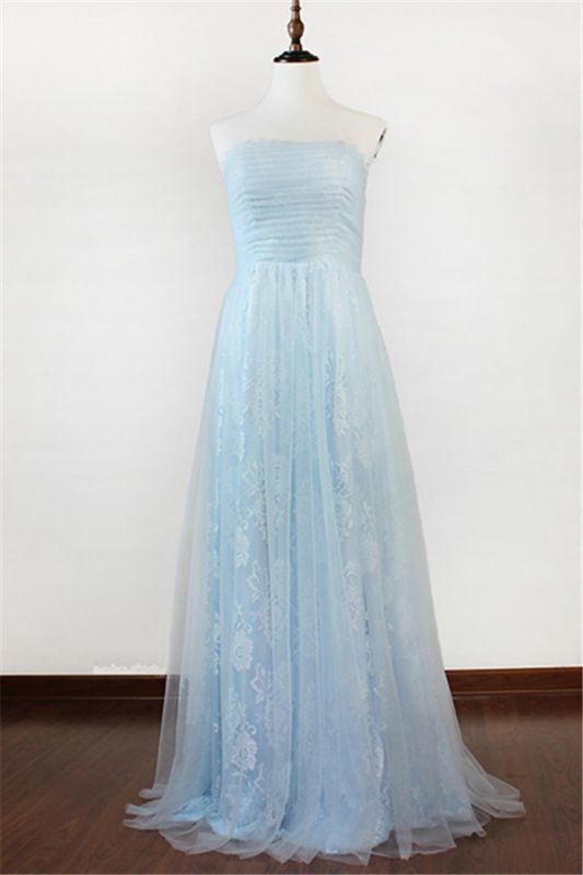 Strapless Ruffles Tulle Prom GownsSweep Train Evening Dresses with Ribbons