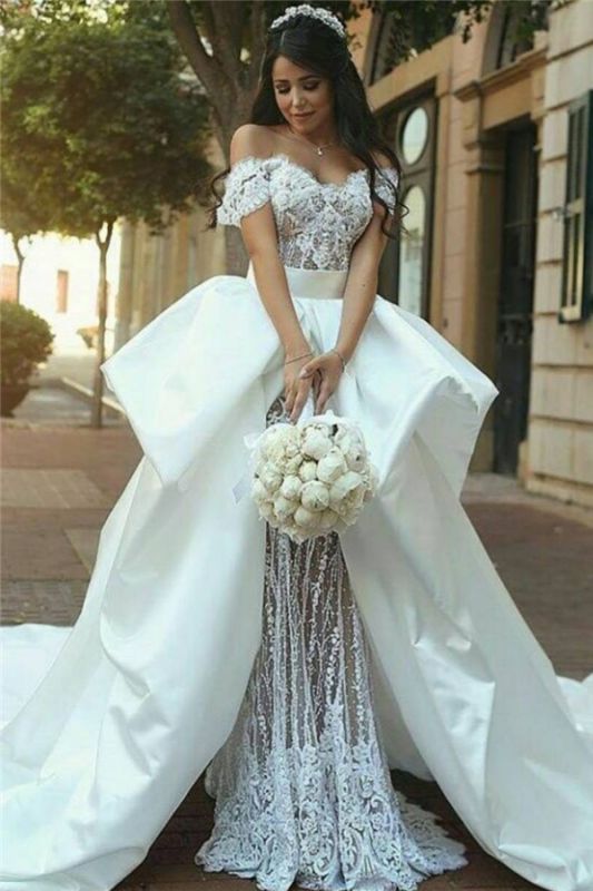 Off The Shoulder Lace Wedding Dresses  | Satin Overskirt Long Train Sexy Bridal Gowns