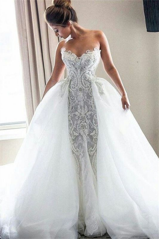 Strapless Sexy Lace Wedding Dresses  | Puffy Tulle Overskirt Bride Dresses