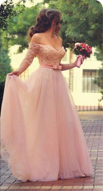 Princess Sweetheart Half Sleeve Tulle Prom Dress With Pearls and Appliques Floor Length