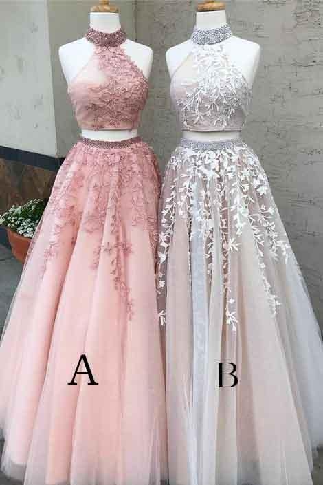 Modern High Neck Sleeveless Custom Made A-line Lace Appliques Two Piece Prom Dresses