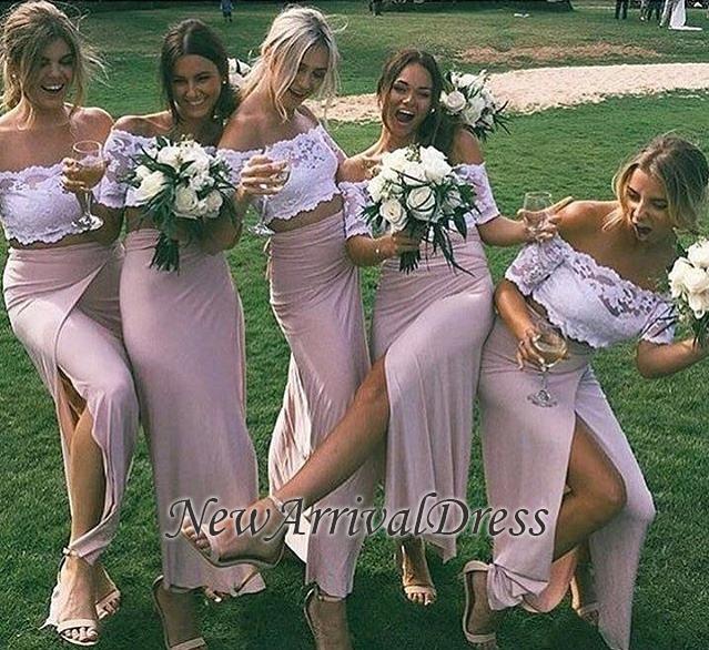 Sleeves Two-Piece Side-Slit Chic Short Lace Pink Bridesmaid Dresses