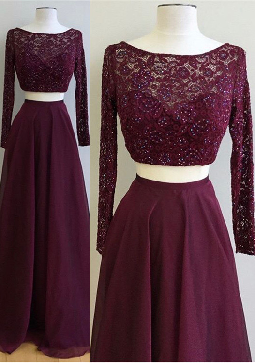 Gorgeous Two Piece Burgundy Prom Dresses | Long Sleeve Lace Evening Dress with Beads