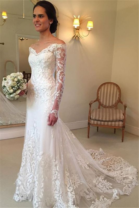 Sexy Off The Shoulder Beautiful Lace Long Sleeve Sheath V-neck Court-Train Wedding Dresses