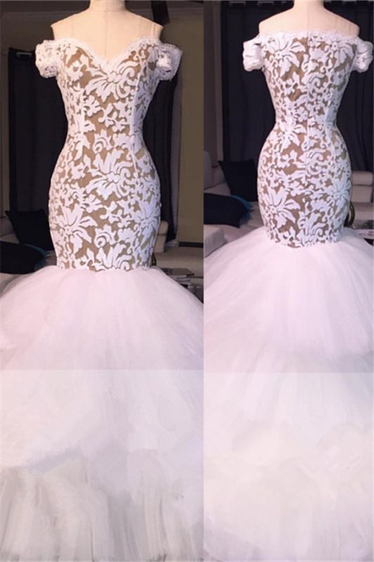 Off the Shoulder White Lace Long Prom Dresses   | Tulle Mermaid Plus Size Formal Evening Gowns BA7796