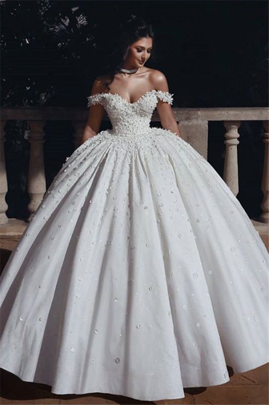 Schulterfrei Perlen Applikationen Brautkleider 2021 | Prinzessin Sexy Ballkleid Royal Wedding Dress Günstige