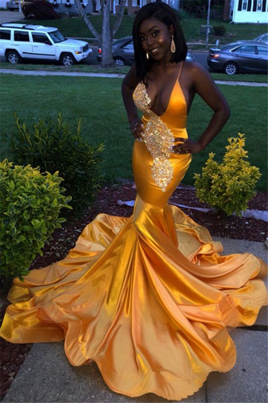 Gold Mermaid Prom Dresses  | Sexy Open Back Formal Dress Long with Appliques