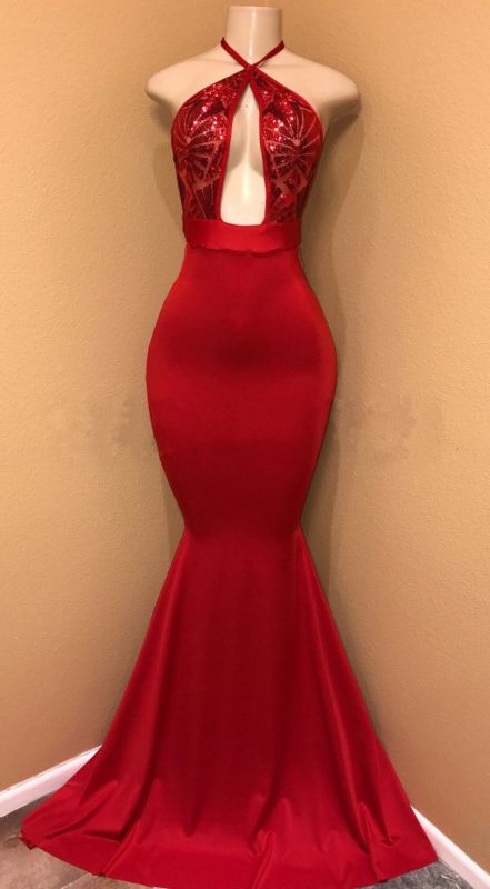 Rote Pailletten Lange Ballkleider Billig | Neckholder-Schlüsselloch-Ausschnitt Meerjungfrau Abendkleider