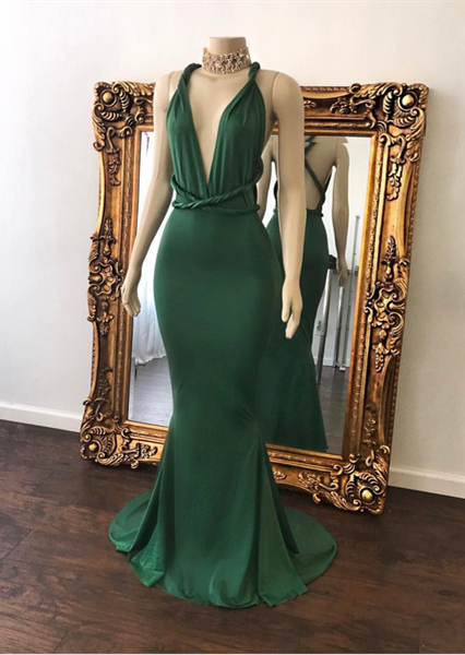 Sexy V-Neck Green Cris-cross Open Back Beautiful Mermaid Floor Length Evening Dresses