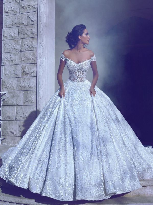 Robe de bal glamour à épaules dénudées et longues robes de mariée