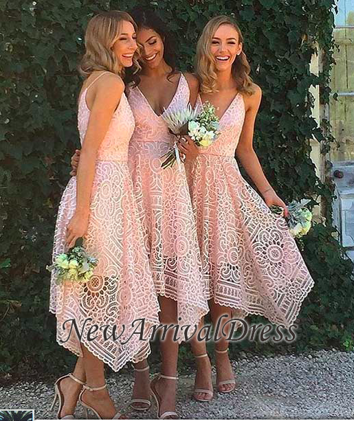 Tea-Length A-line Newest Lace Sleeveless Spaghetti-Strap Bridesmaid Dress