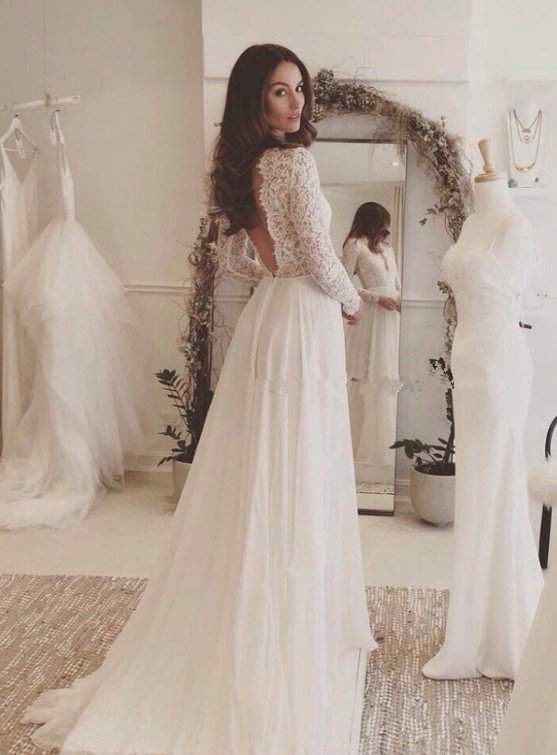 Chiffon Elegant Long Sleeve  Online V-neck Lace Appliques Wedding Dresses