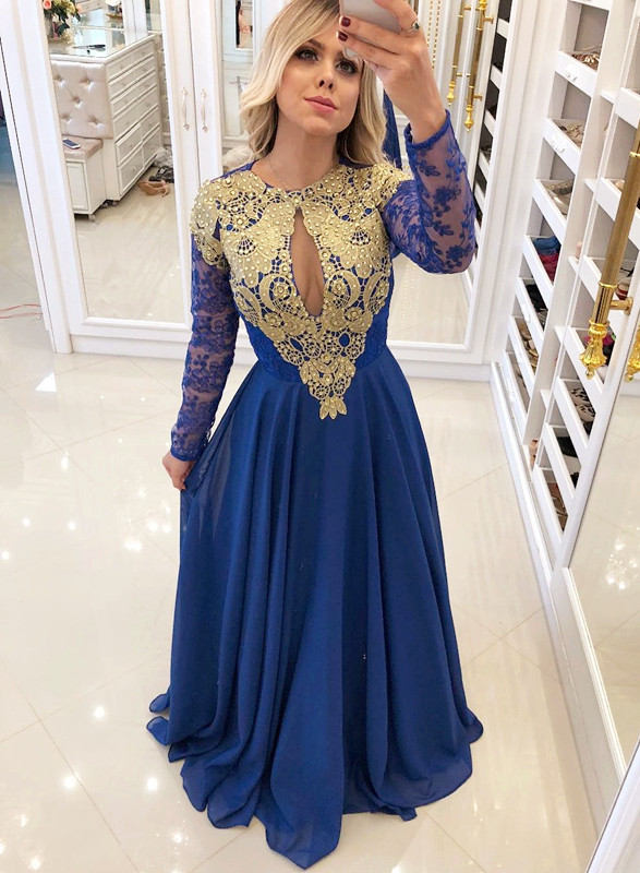 Elegant Royal Blue 2021 Evening Dress | Long Sleeve Lace Chiffon Prom Dress