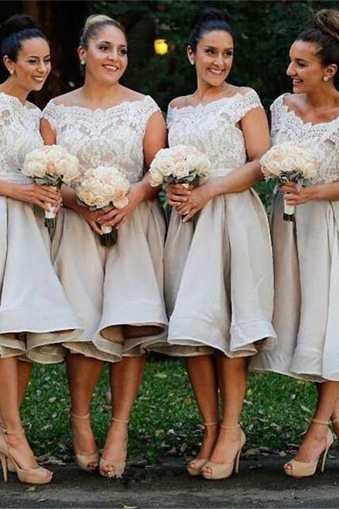 Modest Lace Off the Shoulder Tea Length A-line Bridesmaid Dress