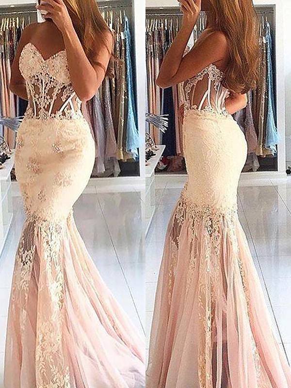 Sexy Mermaid Sleeveless Sweetheart Tulle Lace Sweep Train Prom Dresses