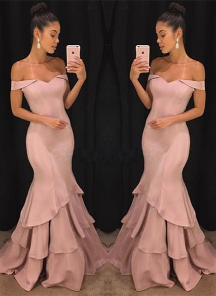 Pink Off The Shoulder Mermaid Prom Dresses Tiered Simple Formal Gowns SK0118-GA0