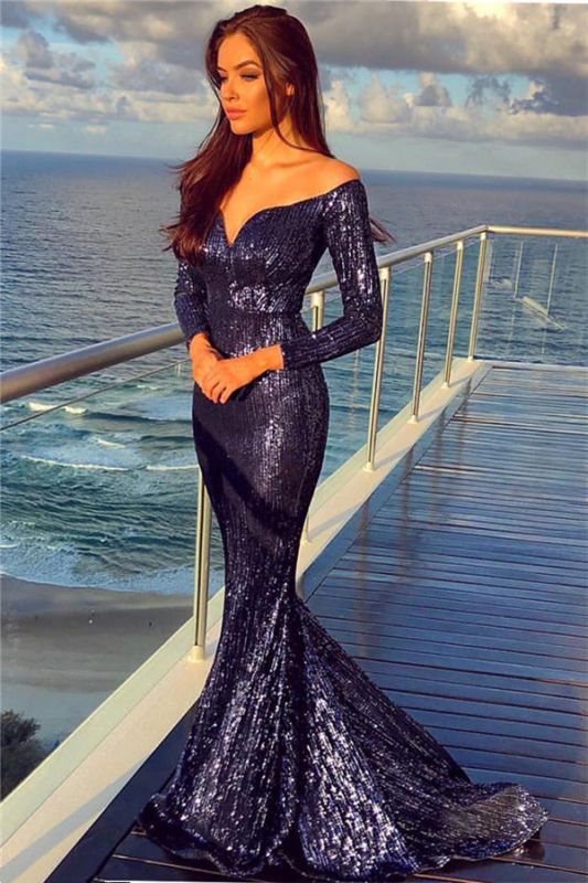 Off The Shoulder Sequins Evening Gowns with Sleeves | Sexy Mermaid  Formal Dresses Long