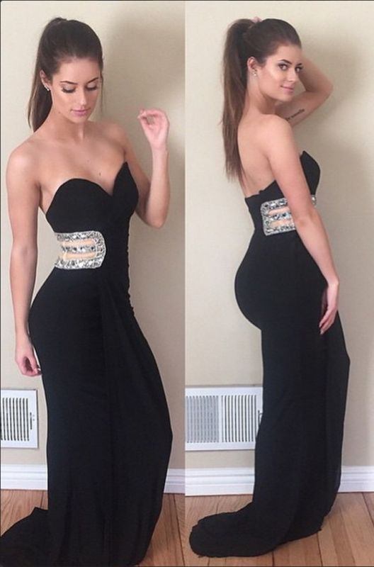 Black Mermaid Modest Sleeveless Crystals Sweetheart Prom Dress