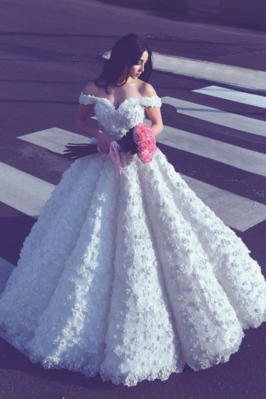 Appliques de dentelle 3D sur les robes de mariée épaule | Robe de mariée sexy robe de bal princesse