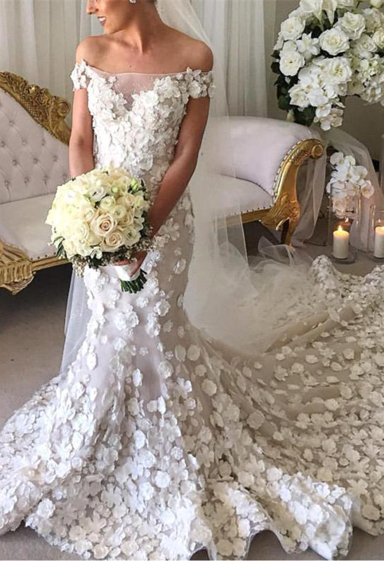 Vestidos de novia de sirena largos con apliques de hombros descubiertos atractivos elegantes | Vestidos de novia baratos en línea